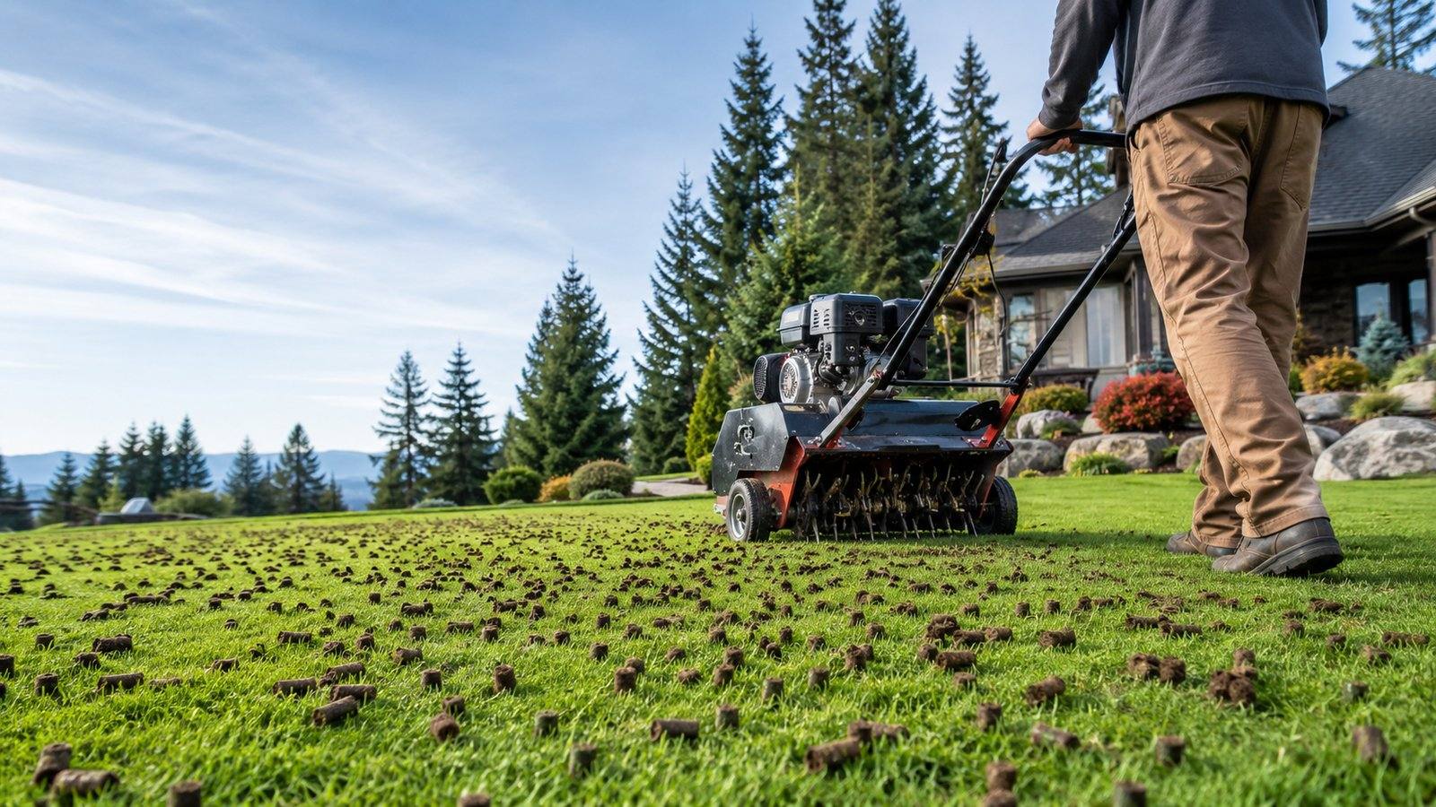 A core aeration machine pulling plugs from a green lawn