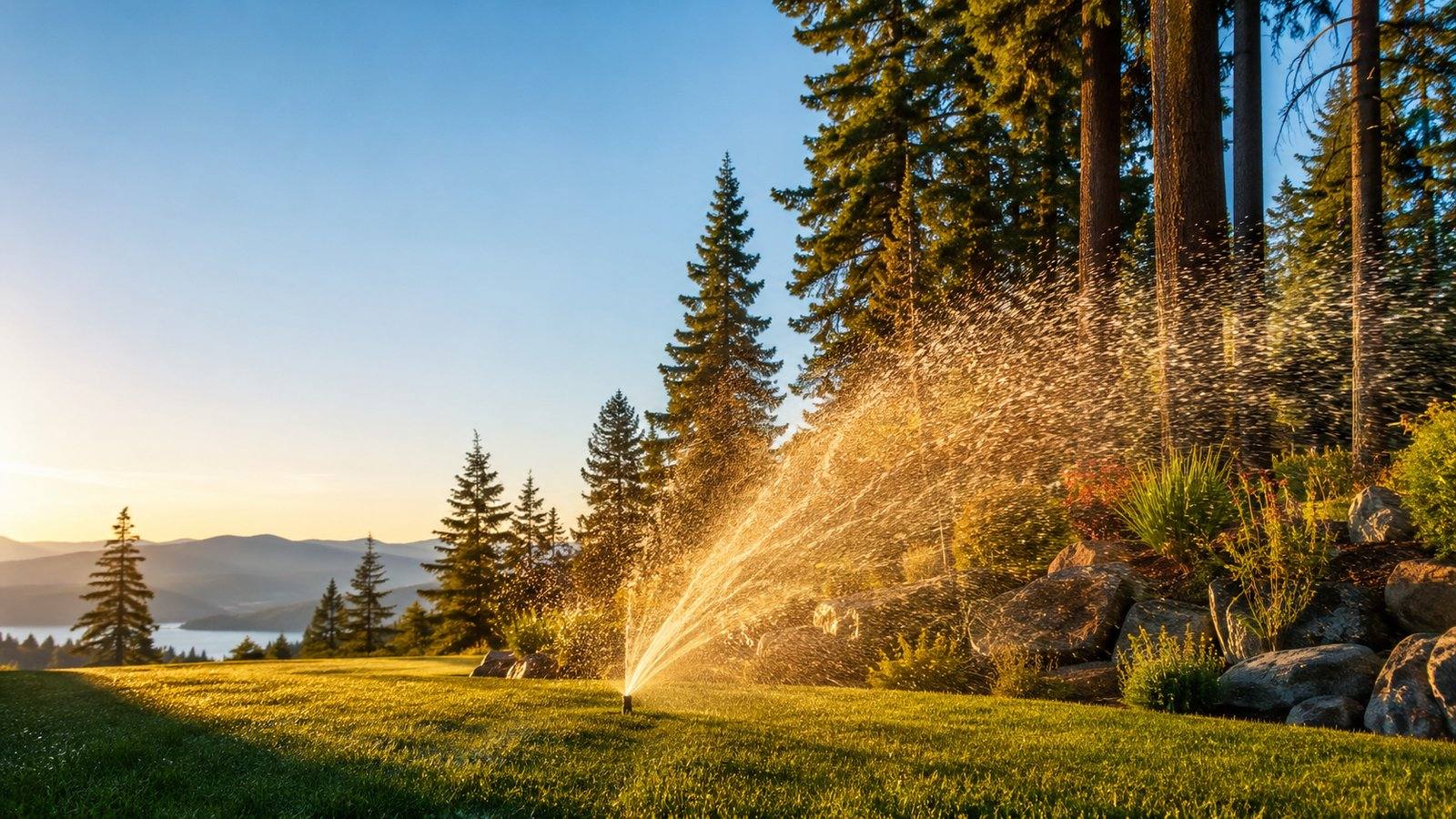 An irrigation sprinkler head spraying a green lawn
