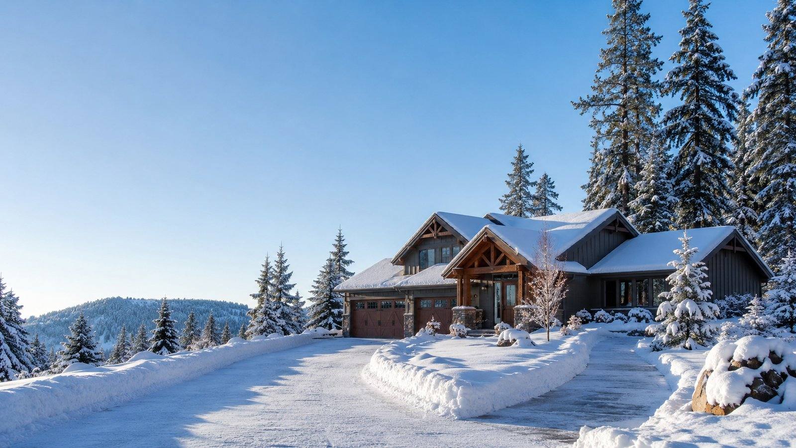 Snow-covered lawn and walkway at a North Idaho home in winter